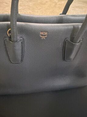 MCM Black Leather Structured Tote with Gold Logo